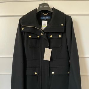 NEW Cole Haan Black Wool Coat with Gold Hardware